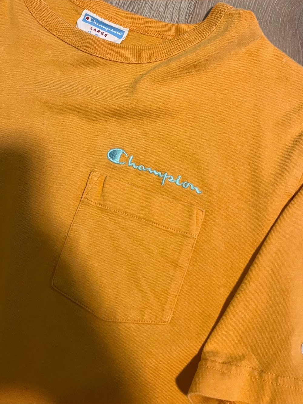 Vintage blue tag champion yellow blank tee with pocket and embroidery